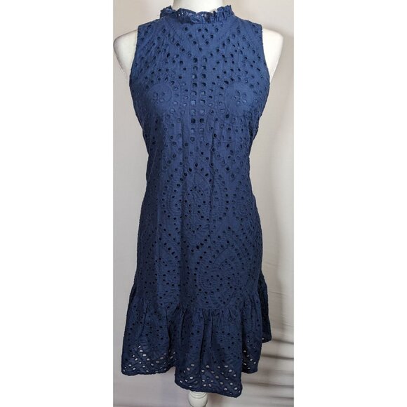 Julia Jordan Eyelet Dress Navy Blue With Ruffled Edge - Picture 6 of 6
